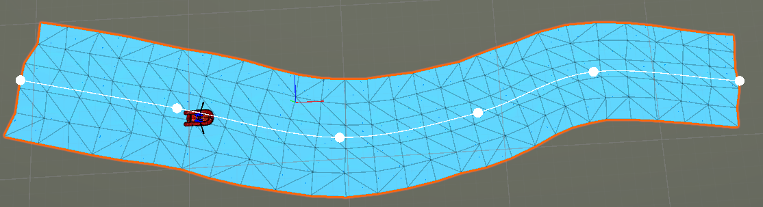 A river mesh with the spline it was generated from visible.